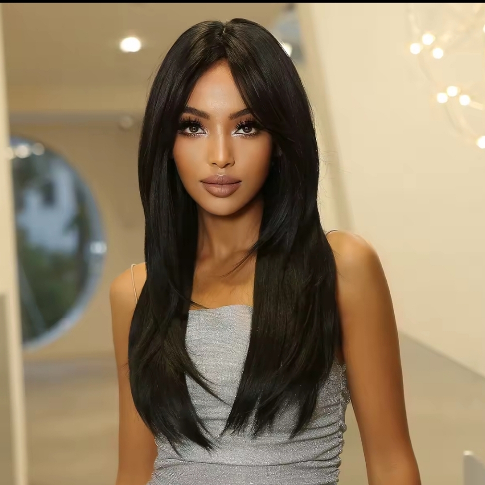 Dark Black Layered High-Quality Synthetic Long Straight Wig - Picture 2 of 9